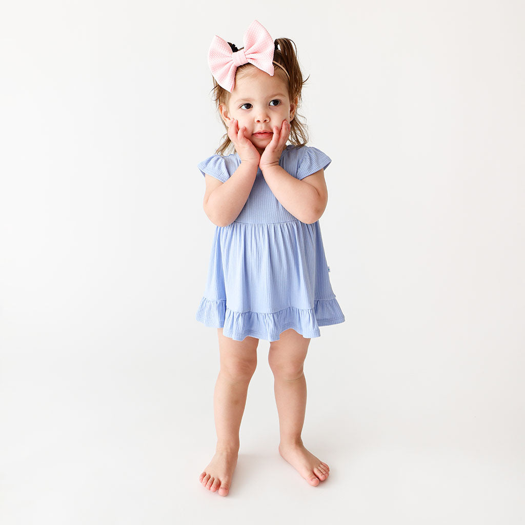 Image of Powder Blue Ribbed Cap Sleeve Ruffled Bodysuit Dress