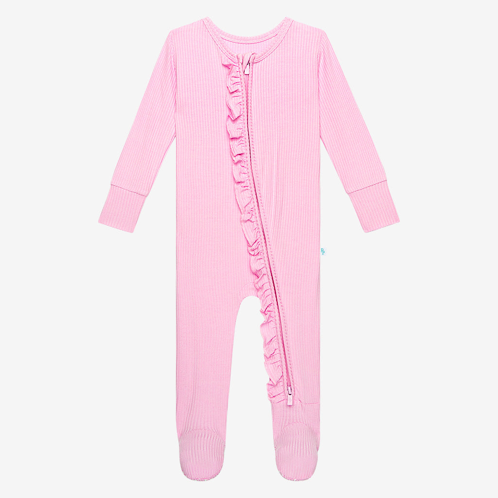 Image of Posh Pink Ribbed Footie Ruffled Zippered One Piece
