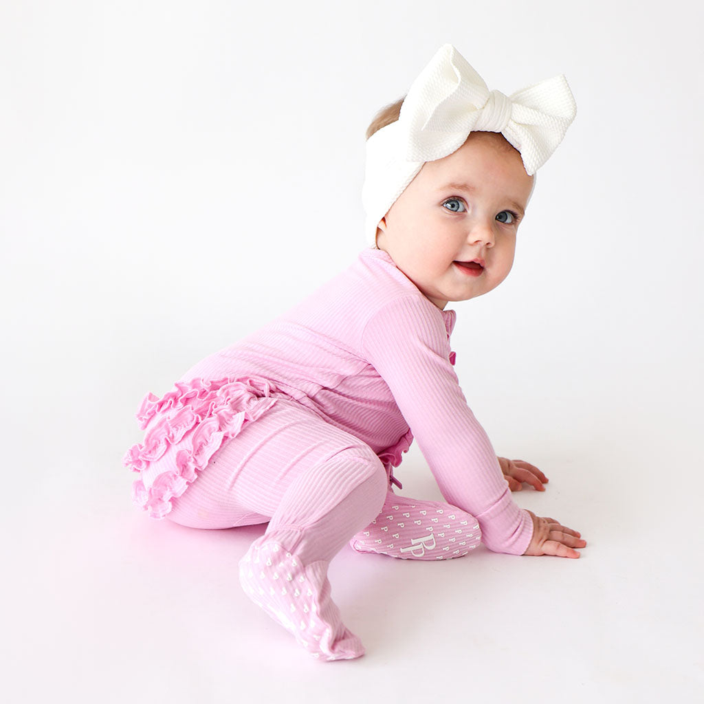 Image of Posh Pink Ribbed Footie Ruffled Zippered One Piece
