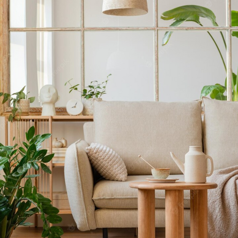 salon avec anapé beige et plantes vertes