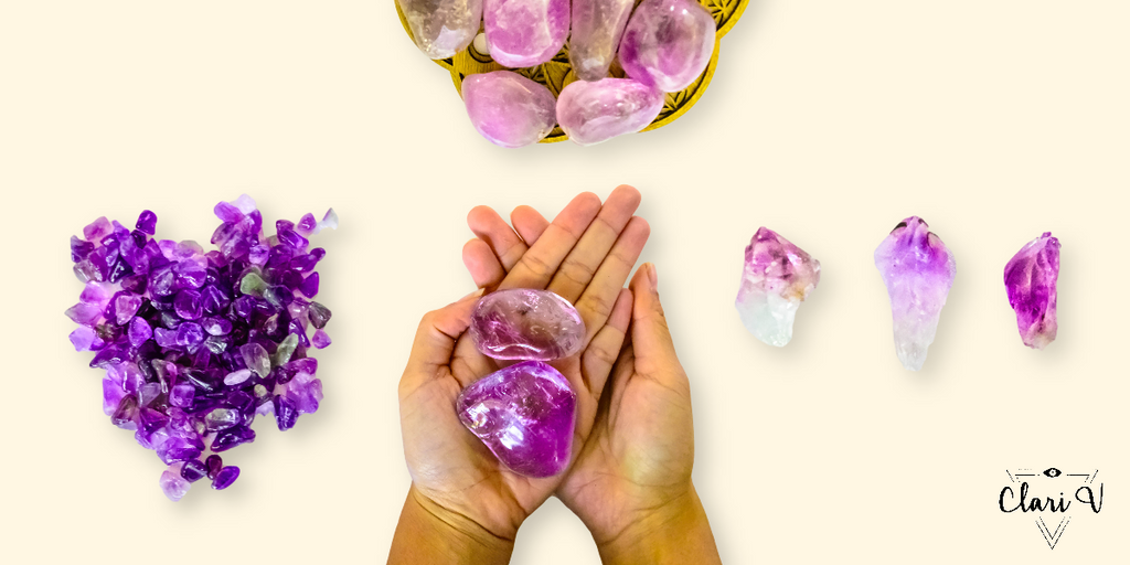 Women holding amethyst crystals for healing and wellness.