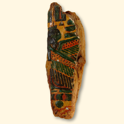 Egyptian coffin wood shard painted with malachite crystal