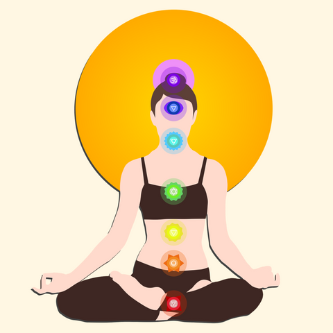 Woman meditating with chakras showing 