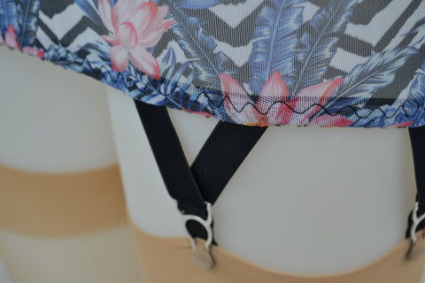 roll on girdle 6 strap girdle in floral pink hibiscus geometric print. plus size made in the uk pip and pantalaimon