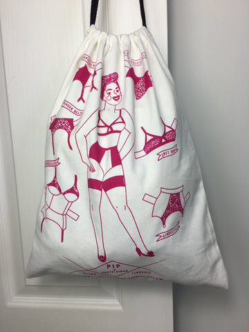 lingerie storage solution. drawstring bag for underwear vintage retro bras panties suspender garter belts illustration