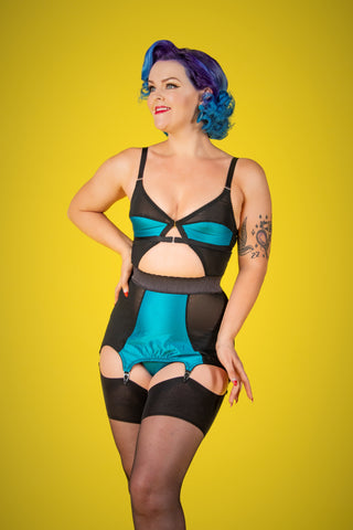 electric blue custo corselette retro and vintage shapewear lingerie by pip and pantalaimon in plus size