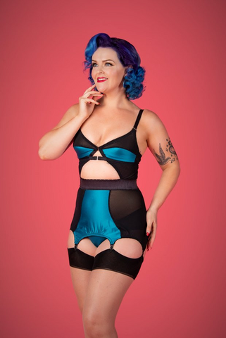 electric blue 6 strap corselette burlesque pin up lingerie underwear by pip and pantalaimon y strap suspender garter belt. valentines lingerie made in the uk
