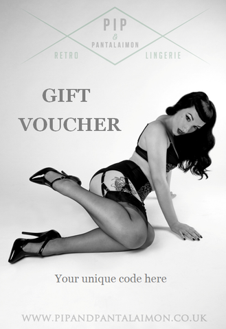 lingerie gift card voucher for retro vintage and pin up fans by plus size Pip and Pantalaimon made in the uk ethical sustainable lingerie underwear