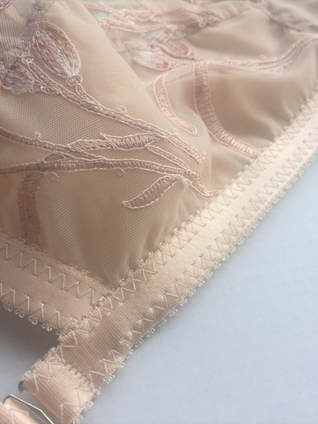 sheer tulip embroidery soft bra, suspender belt and classic cut knicker by Pip and pantalaimon retro and vintage inspired lingerie