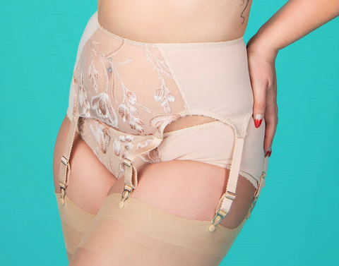 sheer tulip embroidery soft bra, suspender belt and classic cut knicker by Pip and pantalaimon retro and vintage inspired lingerie