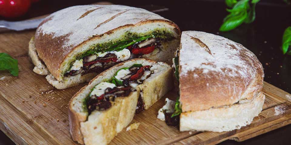 Chimichurri stuffed bread with grilled vegetables