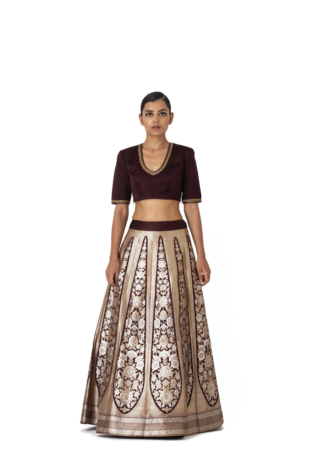 Buy Varanasi Silk Brocade Lehenga With Floral Motifs & Marron Silk ...
