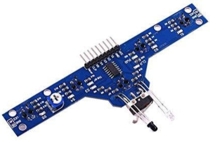 This is a Five IR Sensor Array with Obstacle and Bump Sensor. A 5 IR sensor use with TCRT5000 have a compact construction where the emitting-light source and the detector are arranged in the same direction to sense the presence of an object by using the reflective IR-beam from the object. 