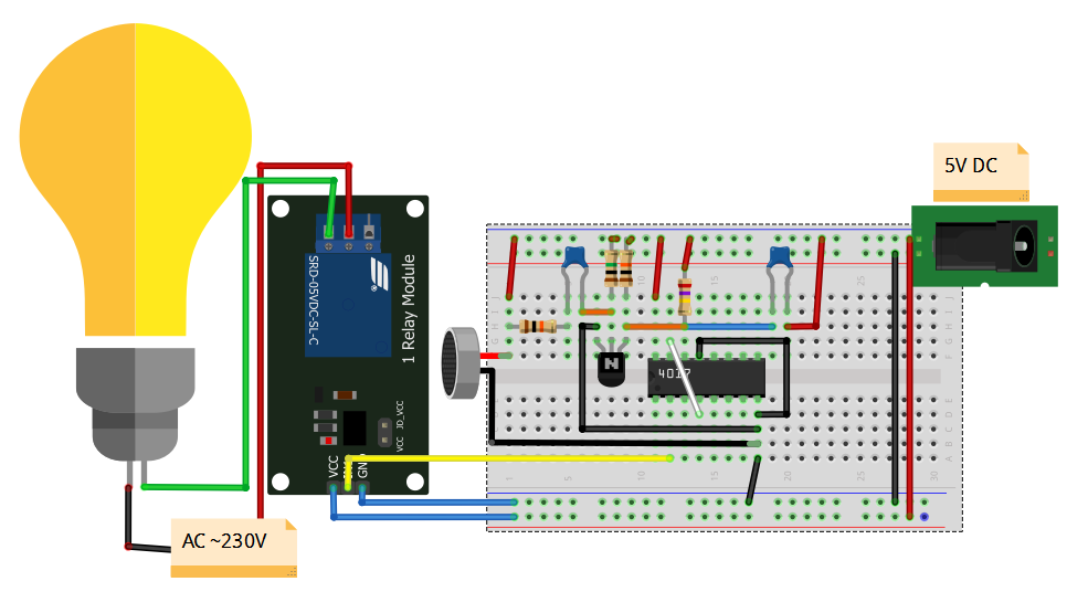 Clap Switch, circuit diagram for Clap Switch using CD4017 Decade Counter IC