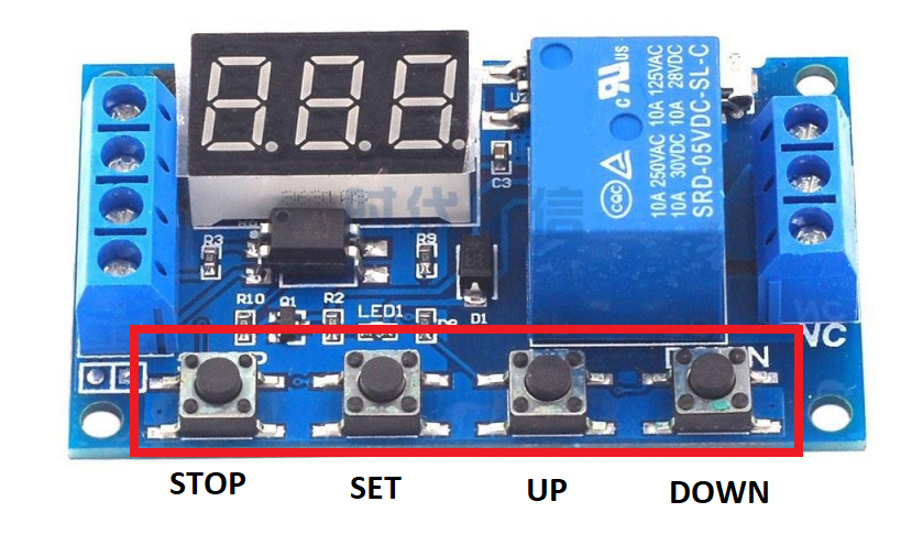 Switches On The Relay Timer Module, Timer Relay DC 6V-30V Single Channel Power Relay Module with Adjustable Timing Cycle, Set Switch On The Relay Timer Module, Stop Switch On The Relay Timer Module, up Switch On The Relay Timer Module, dwon Switch On The Relay Timer Module