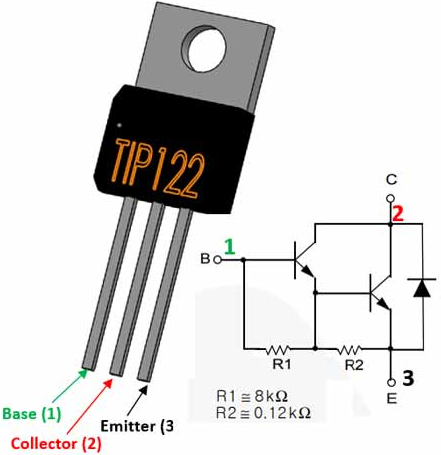 TIP122 - Darlington NPN Transistor, TIP122, TIP122 symbol, TIP122 pinout , TIP122 circuit, power transistor, power BJT