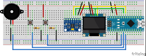 Connection of OLED, Pushbuttons, Arduino nano with MPU6050 using breadboard