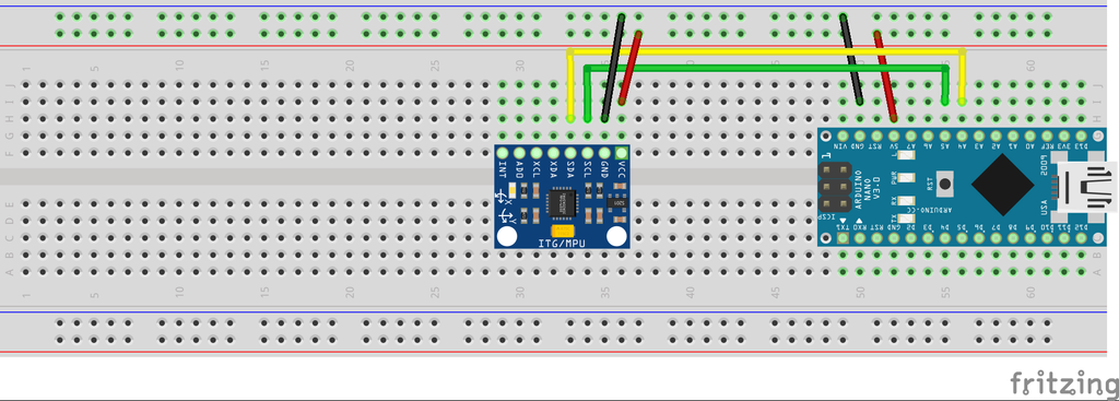 Connection of the Arduino nano with MPU6050 using breadboard