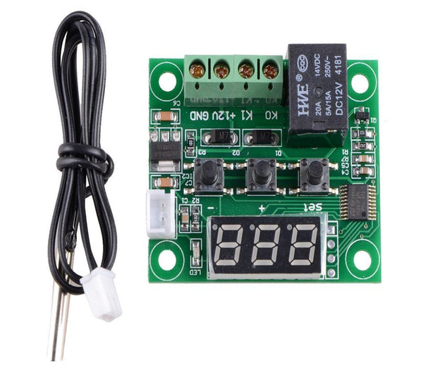 W1209 Digital Temperature Controller has a temperature sensor, keys, LED display, relay and requires DC 12V power supply. It is an affordable, good quality thermostat controller.