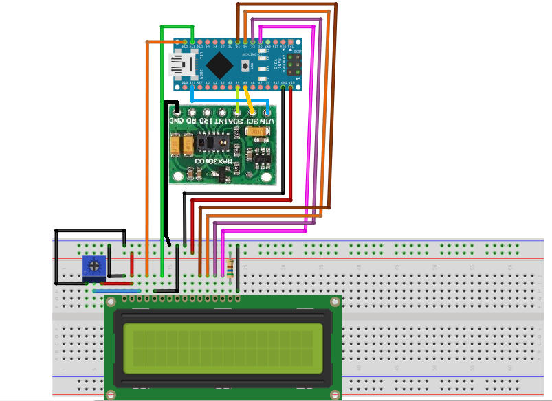 Circuit Diagram for connecting Arduino NANO, MAX30100, LCD using breadboard