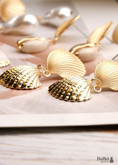 Boho Earrings, Dangle Earrings, Natural Shell Cowrie White Gold