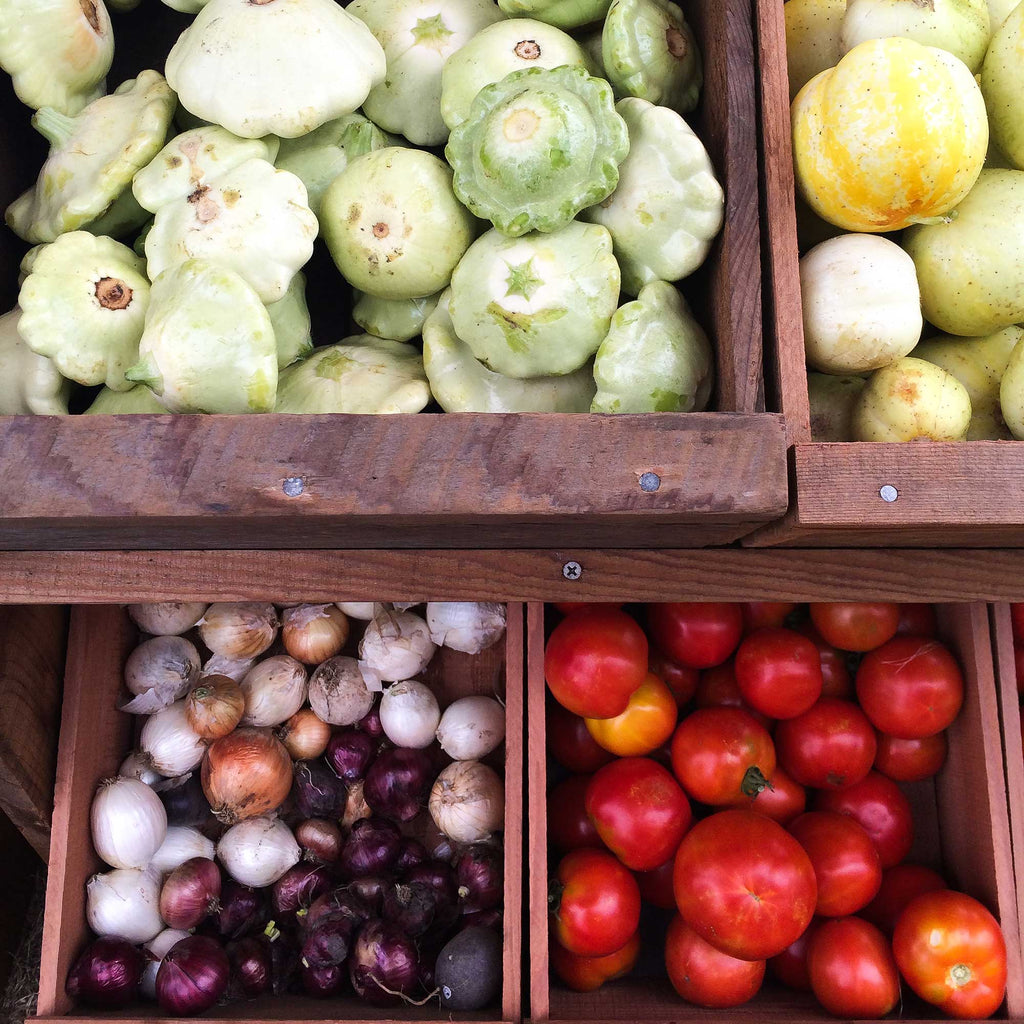 An array of farmstand summer fruits and veggies. Arcata, CA.