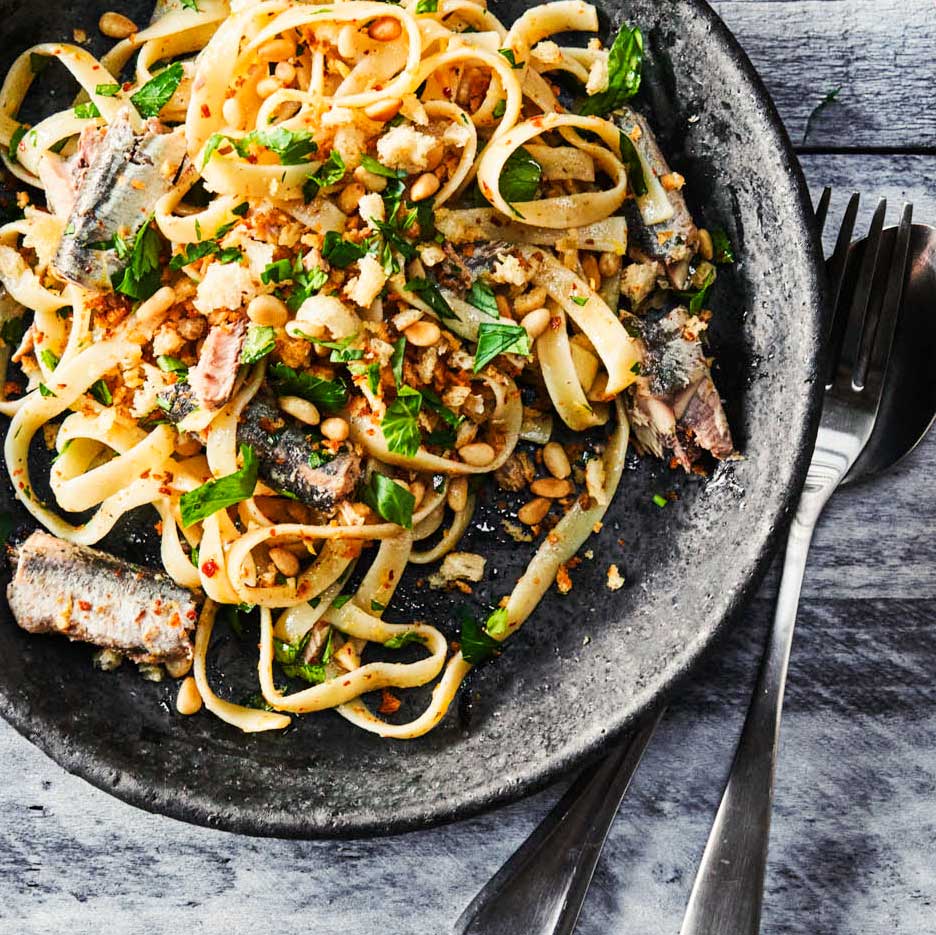 White Anchovy Linguini with toasted breadcrumbs. Photo by Thomas J. Story