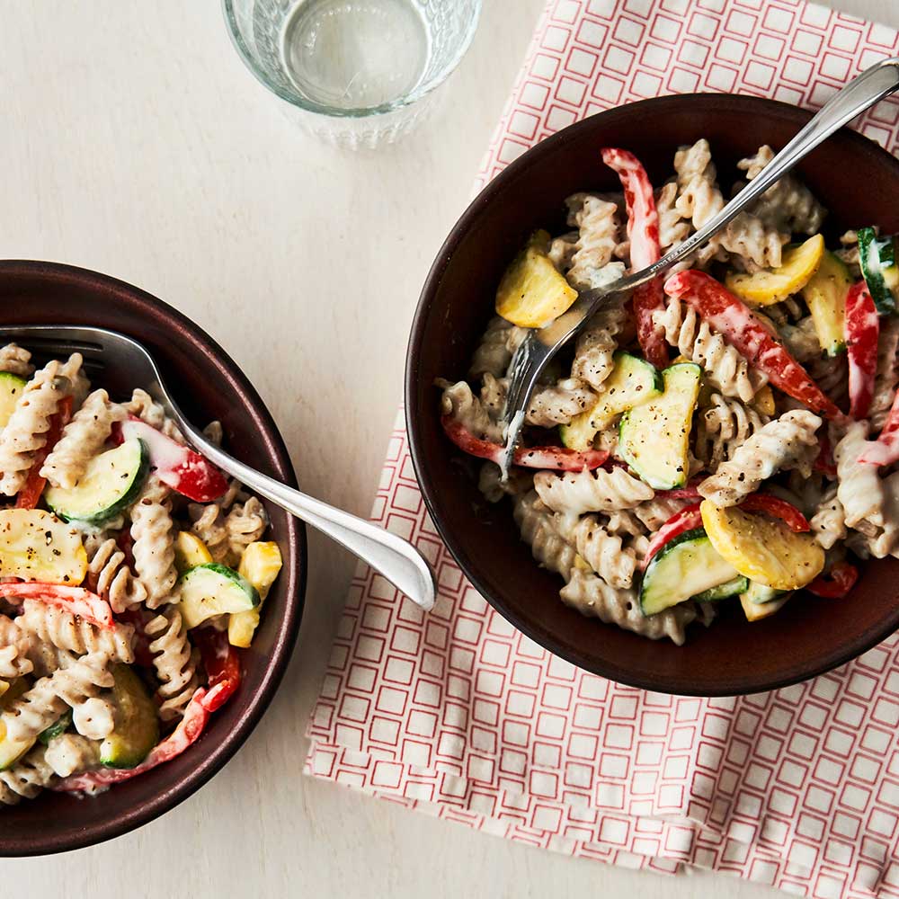 Blue Cheese Fusilli with Zucchini and Red Peppers, a pasta dinner that’s surprisingly kid-friendly.