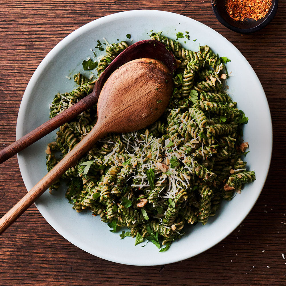 Spinach Walnut Pesto Fusilli, an easy vegan dinner made with our Kernza-semolina pasta.