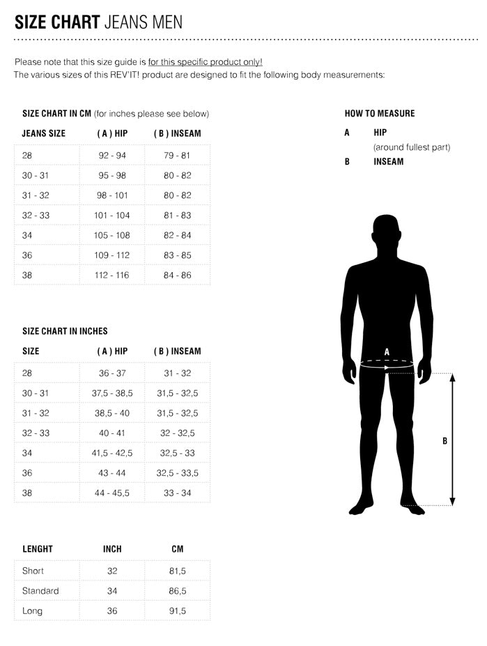 REV-IT! SIZE CHART JEANS – Strath Moto