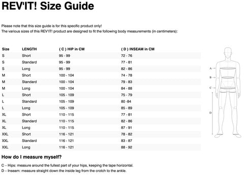 REV'IT! PENINSULA PANTS SIZE CHART