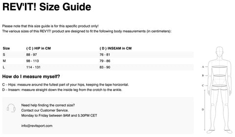 REV'IT! SCRAM KNEE PROTECTOR SIZE CHART