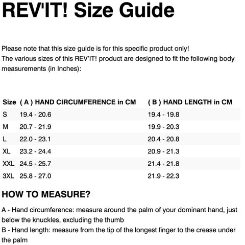 REV'IT! CAYENNE 2 GLOVES SIZE GUIDE