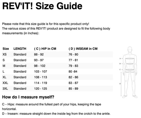 REV'IT! NITRIC 3 H2O RAIN PANTS SIZE GUIDE