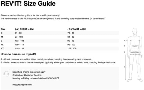 REV'IT! CEDAR HOODY SIZE CHART