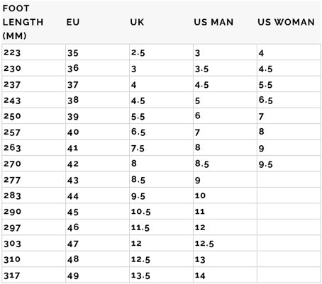 TCX FREYJA BOOTS SIZE GUIDE