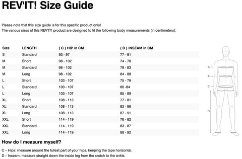 REV'IT! GLOBE GTX PANTS SIZE CHART