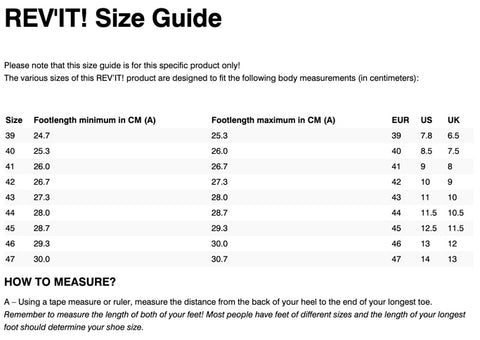 REV'IT! ASTRO SHOES SIZE CHART