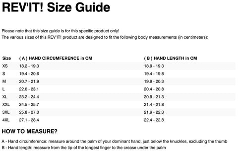 REV'IT! DIRT 3 GLOVES SIZE CHART