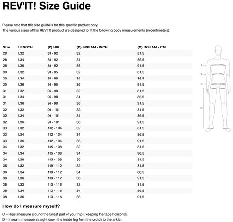 REVIT CARGO SF PANTS SIZE CHART – Strath Moto