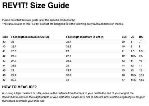 REV'IT! FILTER SHOES SIZE CHART