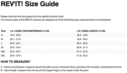 REV'IT! HYDRA 2 GLOVES SIZE CHART