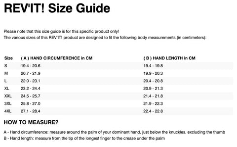 REV'IT! SAND 4 H20 GLOVES SIZE CHART