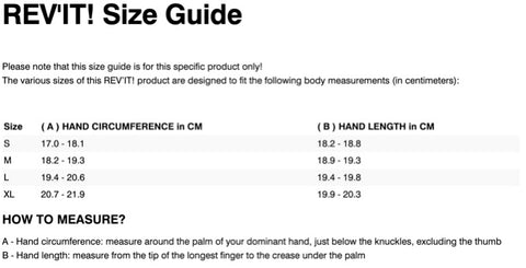 REV'IT! UPTON LADIES GLOVES SIZE CHART