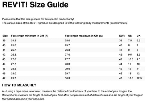 REV'IT! ARROW SHOES SIZE CHART