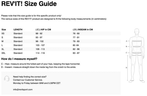 REV'IT! ACID RAIN PANTS SIZE CHART