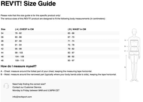 REV'IT! SAND 4 H2O LADIES JACKET SIZE CHART