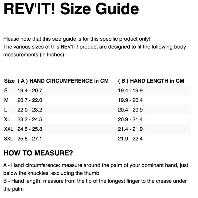 REV'IT! CONTINENT WB GLOVES SIZE GUIDE