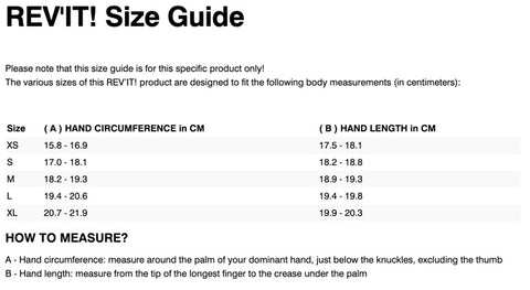 REV'IT! DIRT 3 LADIES GLOVES SIZE CHART