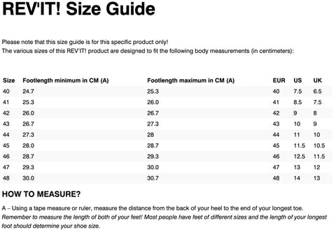 REV'IT! EXPEDITION H20 BOOTS SIZE CHART